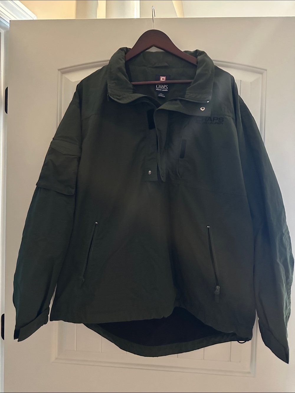Vintage CHAPS Ralph Lauren Pullover Windbreaker Jacket Hidden Hood Size LG Green